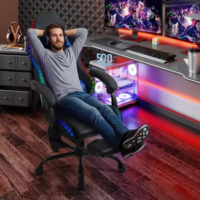 Fauteuil de gaming ergonomique avec masseur, repose-pieds et dossier inclinable - Cuir PU