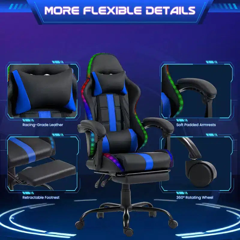 Fauteuil de gaming ergonomique avec masseur, repose-pieds et dossier inclinable - Cuir PU