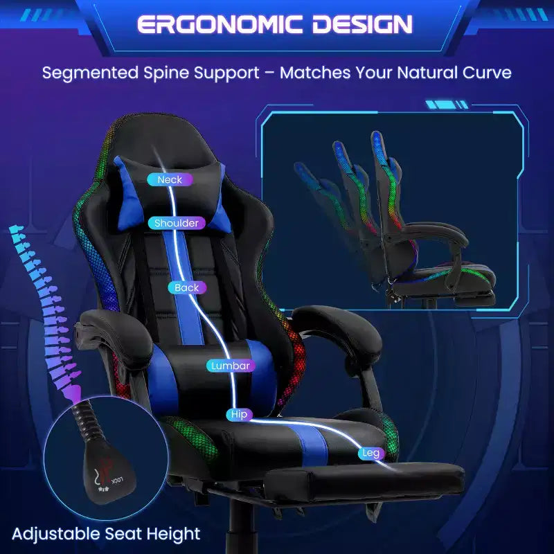 Fauteuil de gaming ergonomique avec masseur, repose-pieds et dossier inclinable - Cuir PU