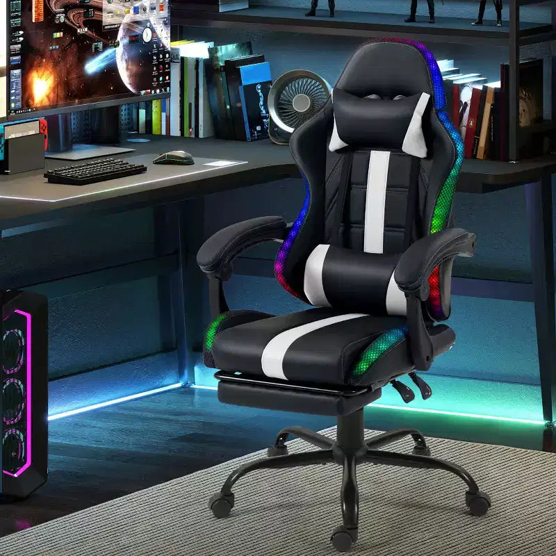 Fauteuil de gaming ergonomique avec masseur, repose-pieds et dossier inclinable - Cuir PU