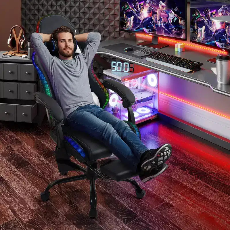 Fauteuil de gaming ergonomique avec masseur, repose-pieds et dossier inclinable - Cuir PU