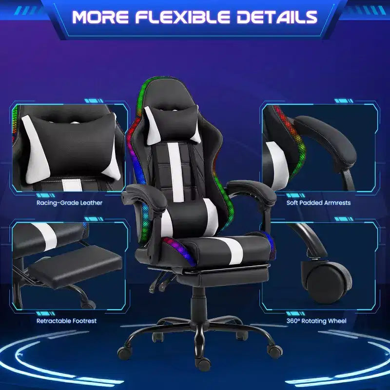 Fauteuil de gaming ergonomique avec masseur, repose-pieds et dossier inclinable - Cuir PU