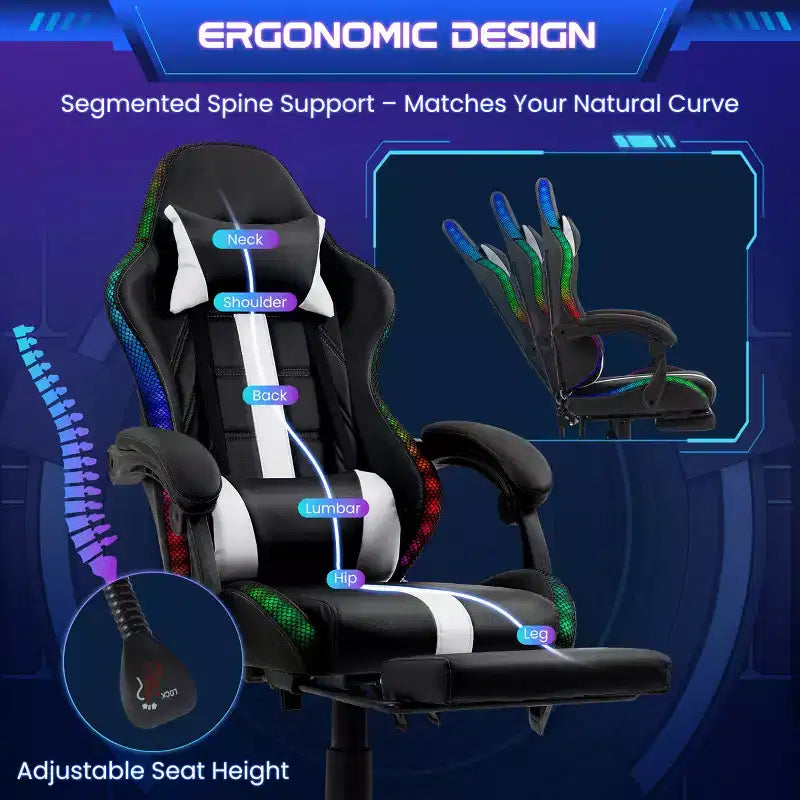 Fauteuil de gaming ergonomique avec masseur, repose-pieds et dossier inclinable - Cuir PU