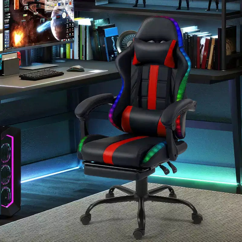 Fauteuil de gaming ergonomique avec masseur, repose-pieds et dossier inclinable - Cuir PU