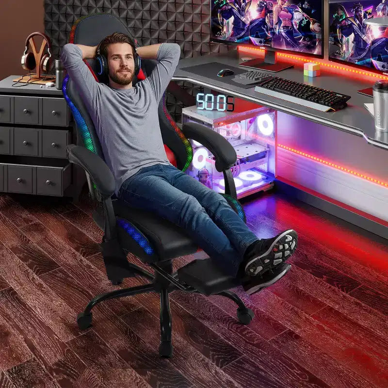 Fauteuil de gaming ergonomique avec masseur, repose-pieds et dossier inclinable - Cuir PU