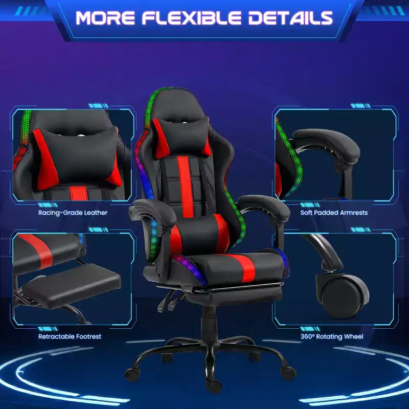 Fauteuil de gaming ergonomique avec masseur, repose-pieds et dossier inclinable - Cuir PU