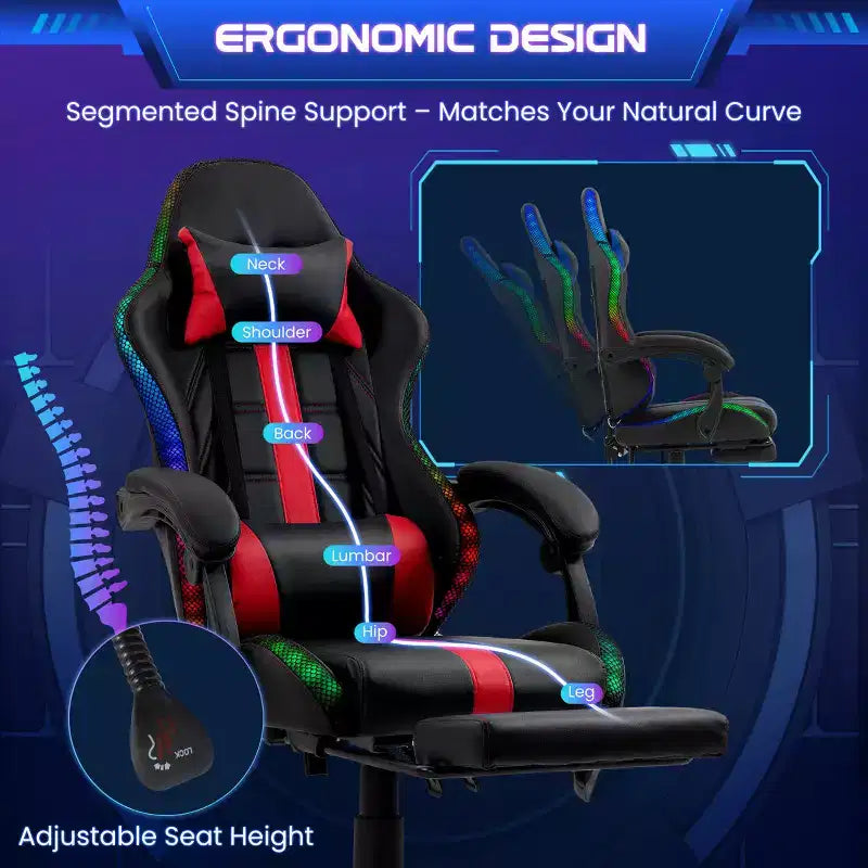 Fauteuil de gaming ergonomique avec masseur, repose-pieds et dossier inclinable - Cuir PU