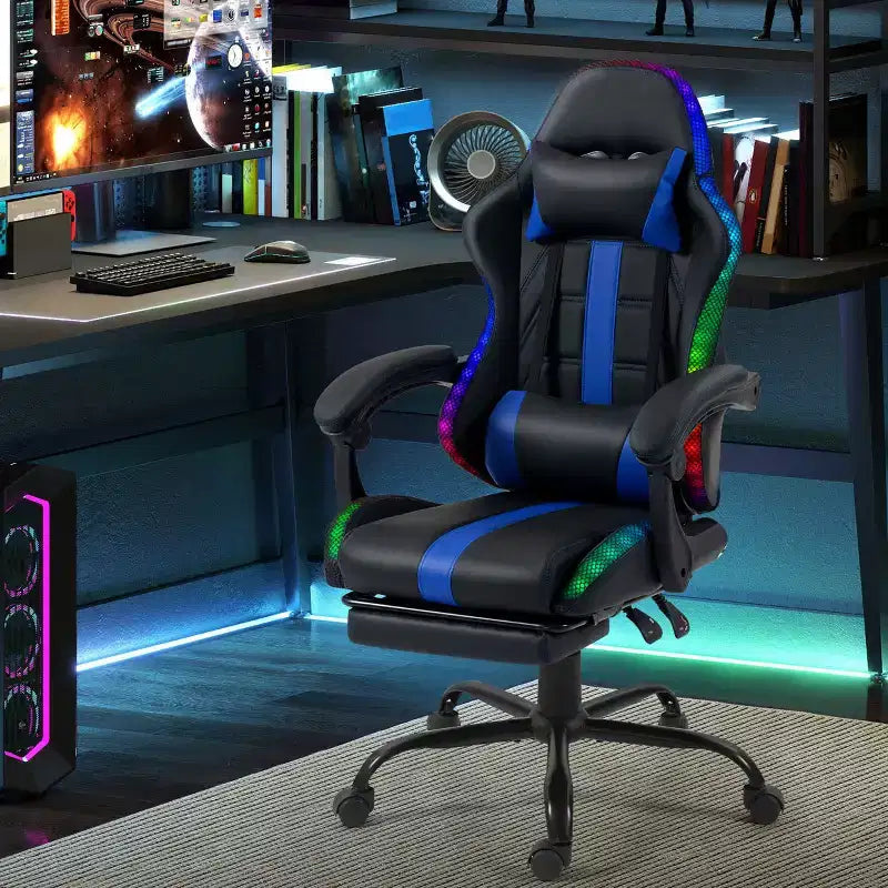 Fauteuil de gaming ergonomique avec masseur, repose-pieds et dossier inclinable - Cuir PU