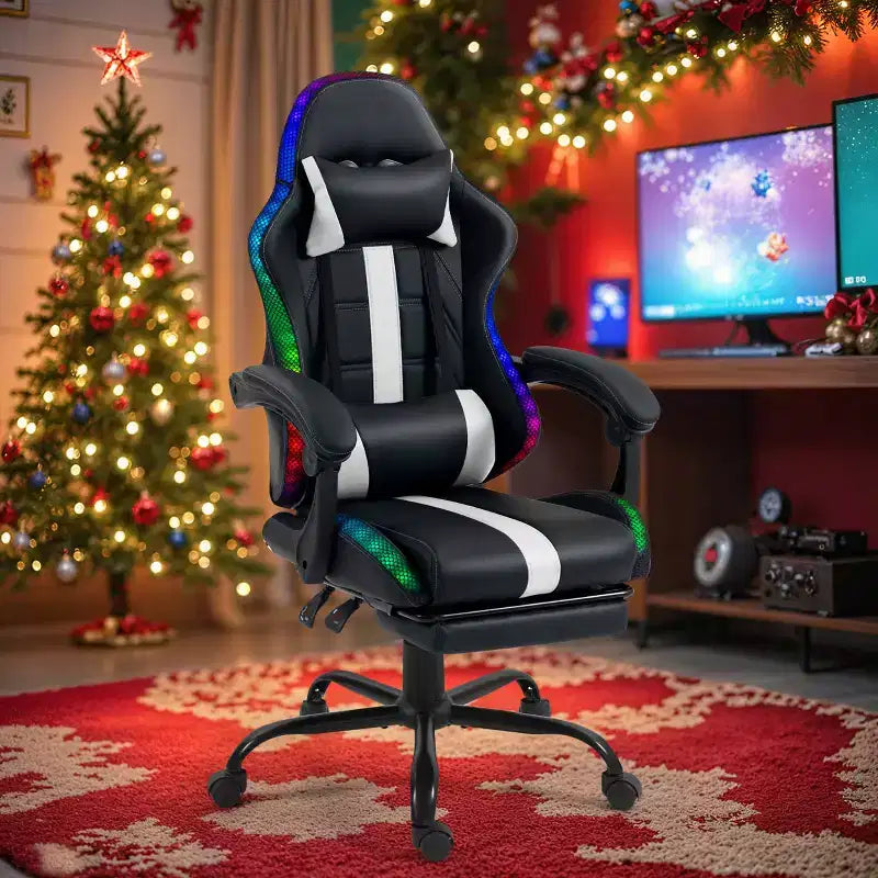 Fauteuil de gaming ergonomique avec masseur, repose-pieds et dossier inclinable - Cuir PU