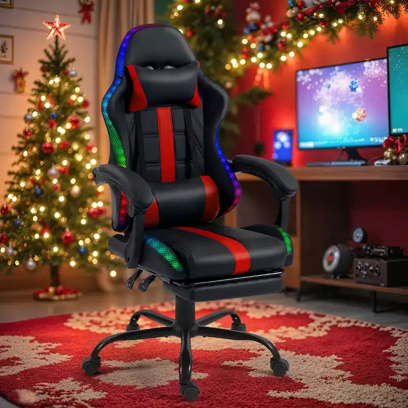 Fauteuil de gaming ergonomique avec masseur, repose-pieds et dossier inclinable - Cuir PU