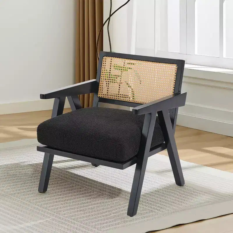 Fauteuil d'appoint de ferme du milieu du siècle - Fauteuil en bois avec dossier en rotin et coussin en lin pour salon, chambre à coucher - Assemblage facile