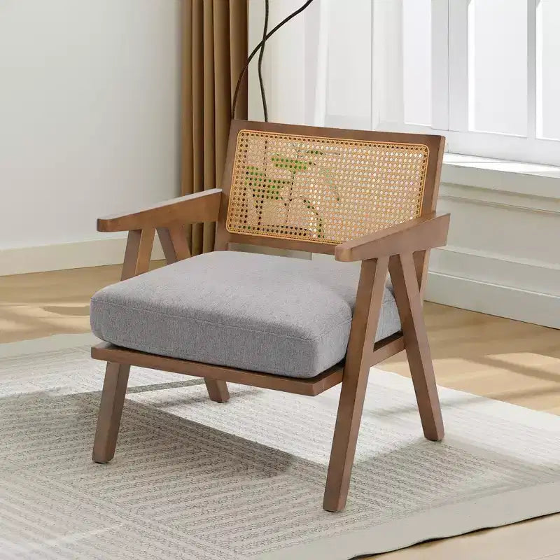 Fauteuil d'appoint de ferme du milieu du siècle - Fauteuil en bois avec dossier en rotin et coussin en lin pour salon, chambre à coucher - Assemblage facile