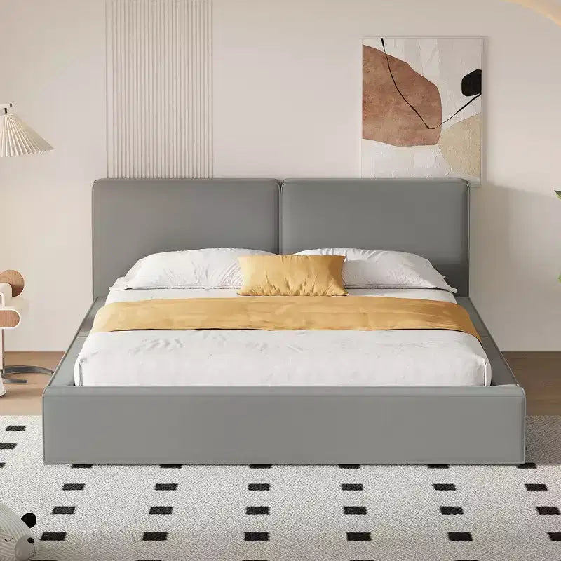 Lit plateforme rembourré en velours de taille Queen - Cadre au sol, capacité de 227 kg