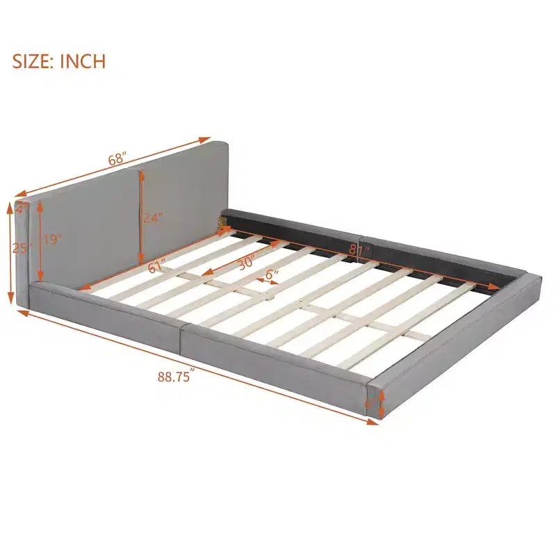 Lit plateforme rembourré en velours de taille Queen - Cadre au sol, capacité de 227 kg