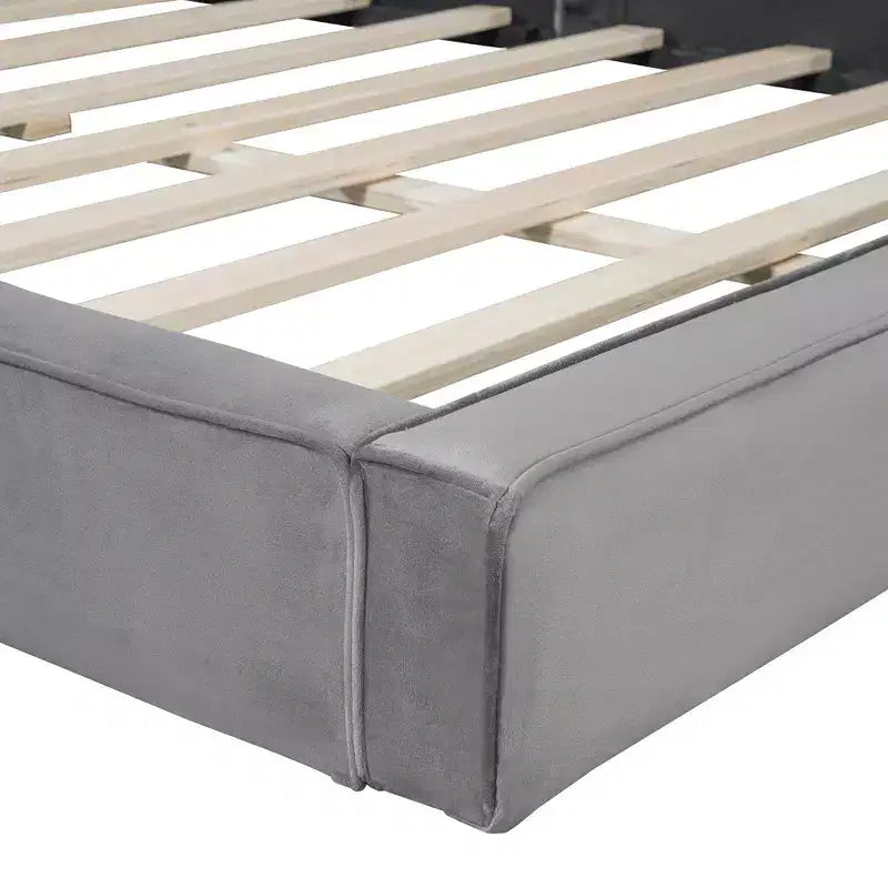 Lit plateforme rembourré en velours de taille Queen - Cadre au sol, capacité de 227 kg