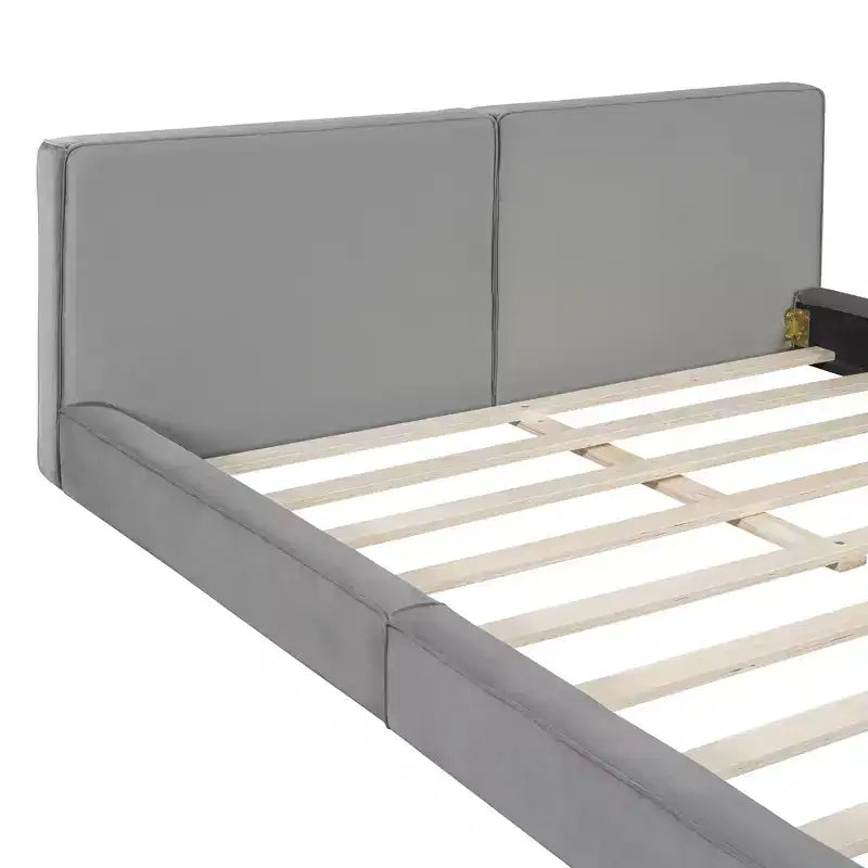 Lit plateforme rembourré en velours de taille Queen - Cadre au sol, capacité de 227 kg
