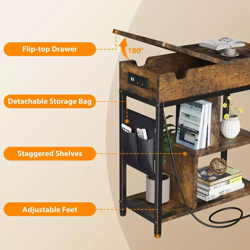 Table de chevet de chargement avec ports USB, prises, étagère de rangement et rangement en tissu