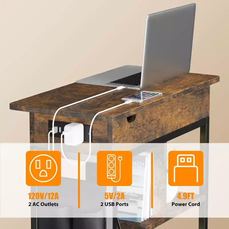 Table de chevet de chargement avec ports USB, prises, étagère de rangement et rangement en tissu