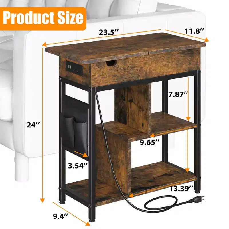 Table de chevet de chargement avec ports USB, prises, étagère de rangement et rangement en tissu