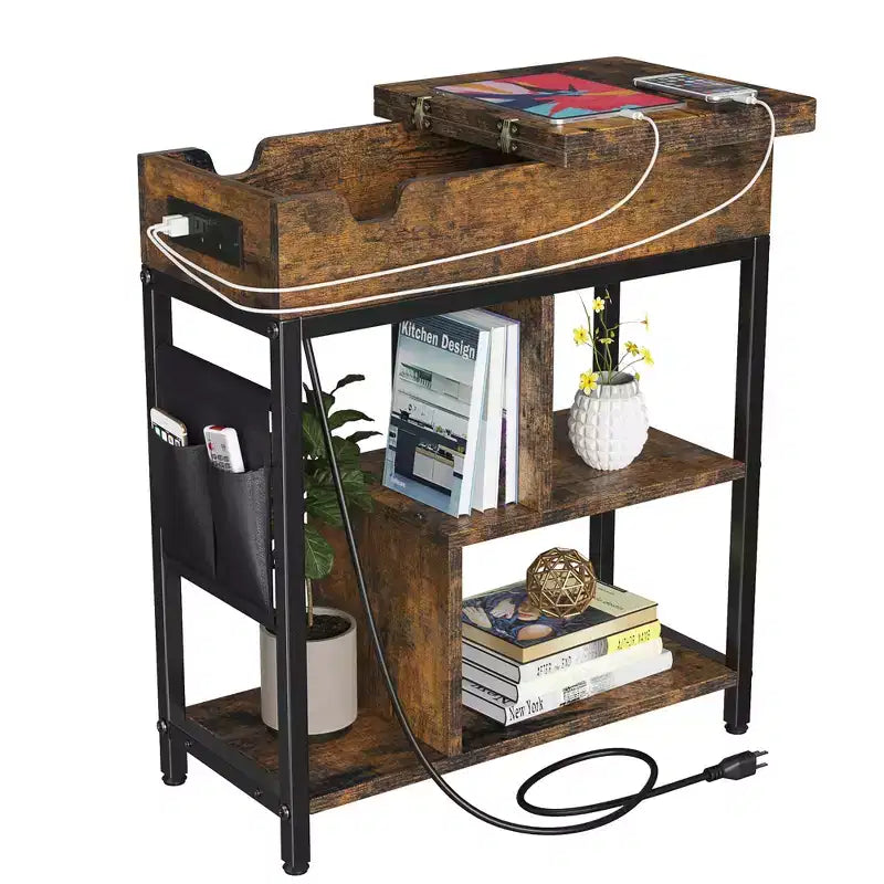 Table de chevet de chargement avec ports USB, prises, étagère de rangement et rangement en tissu