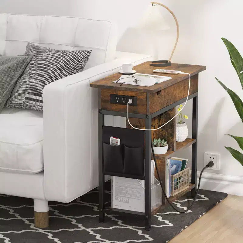 Table de chevet de chargement avec ports USB, prises, étagère de rangement et rangement en tissu
