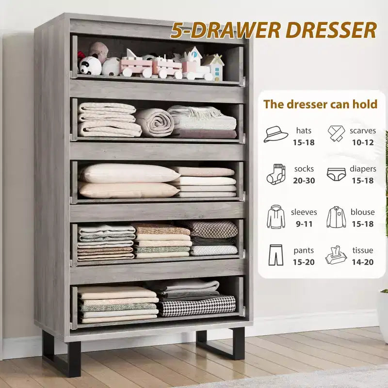 Commode verticale à 5 tiroirs – Meuble de rangement en bois pour chambre et salon
