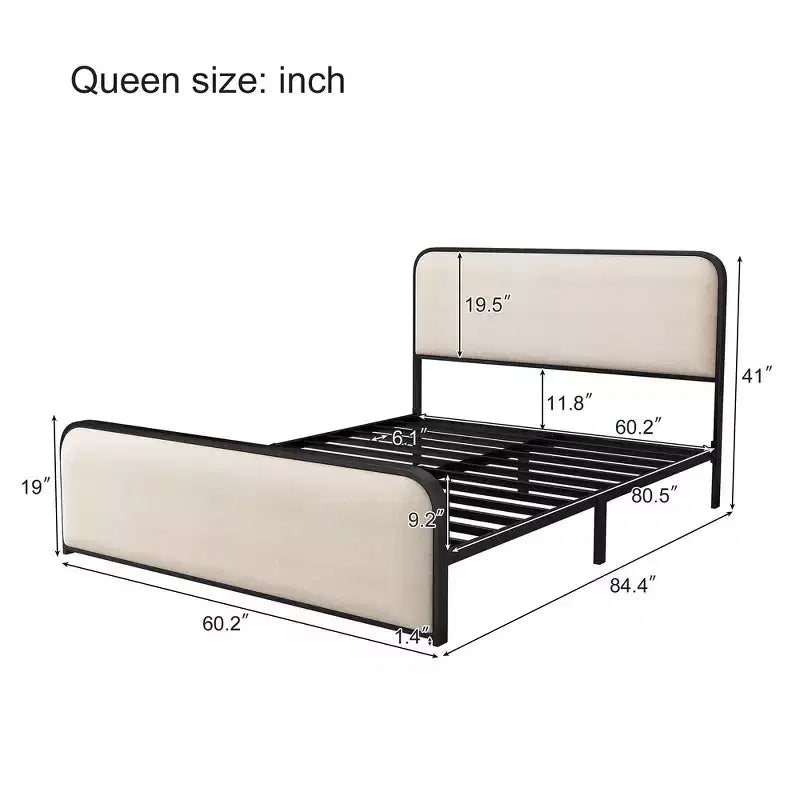 Cadre de lit plateforme King Size en métal avec tête de lit capitonnée et rangement sous le lit
