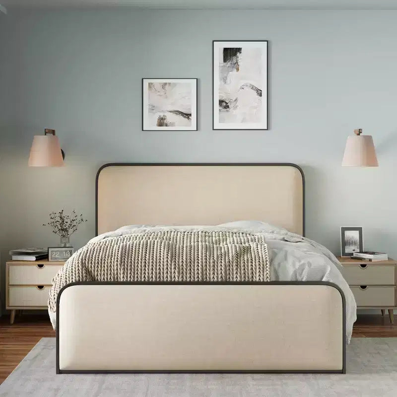 Cadre de lit plateforme King Size en métal avec tête de lit capitonnée et rangement sous le lit