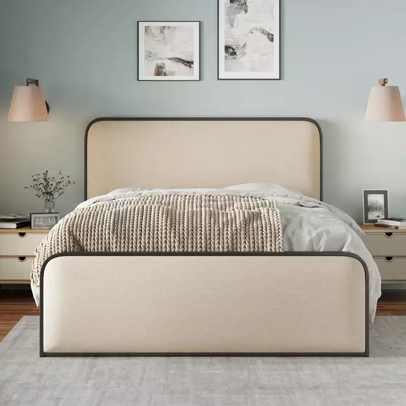 Cadre de lit plateforme King Size en métal avec tête de lit capitonnée et rangement sous le lit
