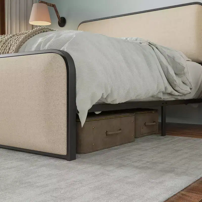 Cadre de lit plateforme King Size en métal avec tête de lit capitonnée et rangement sous le lit