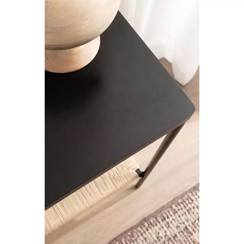 Table d'appoint à 2 niveaux en bois et tissage naturel Mandell - H 56 cm, naturel et noir