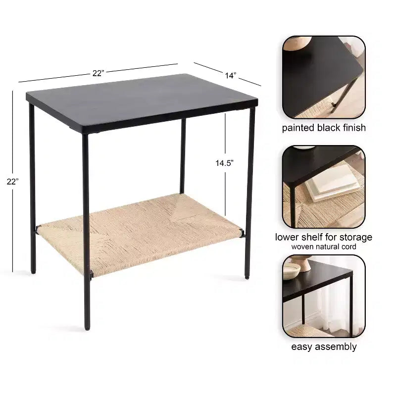 Table d'appoint à 2 niveaux en bois et tissage naturel Mandell - H 56 cm, naturel et noir