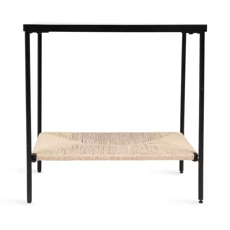 Table d'appoint à 2 niveaux en bois et tissage naturel Mandell - H 56 cm, naturel et noir
