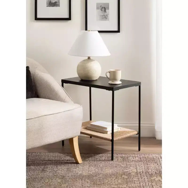 Table d'appoint à 2 niveaux en bois et tissage naturel Mandell - H 56 cm, naturel et noir
