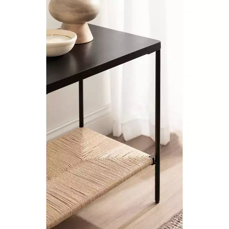 Table d'appoint à 2 niveaux en bois et tissage naturel Mandell - H 56 cm, naturel et noir
