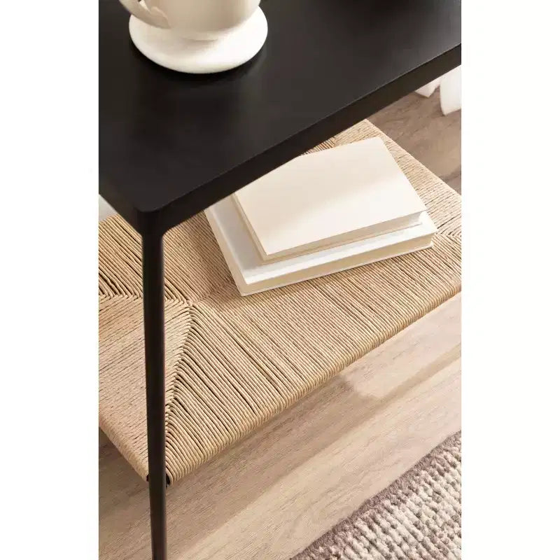 Table d'appoint à 2 niveaux en bois et tissage naturel Mandell - H 56 cm, naturel et noir