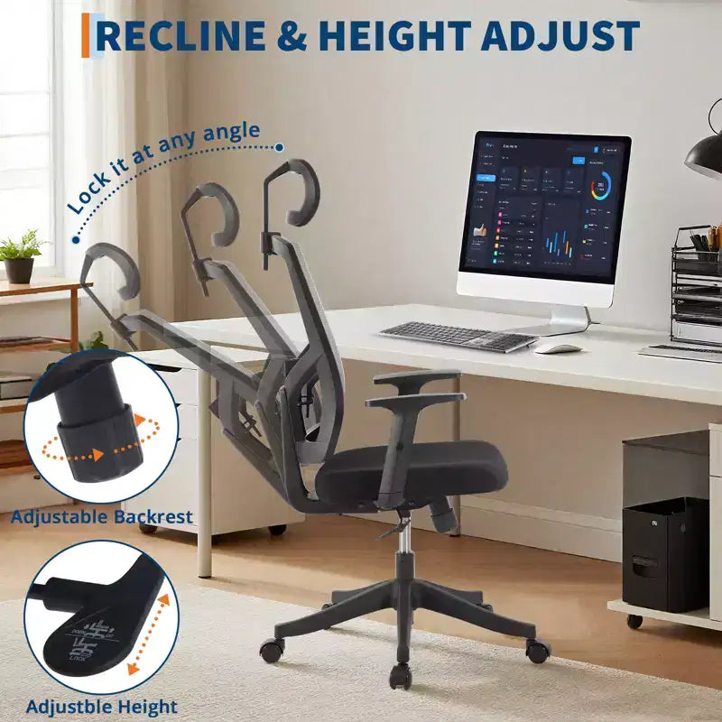 Chaise de bureau ergonomique à dossier haut, support lombaire et appui-tête réglables, chaise pivotante avec accoudoirs relevables, chaise de bureau en maille réglable en hauteur et inclinable