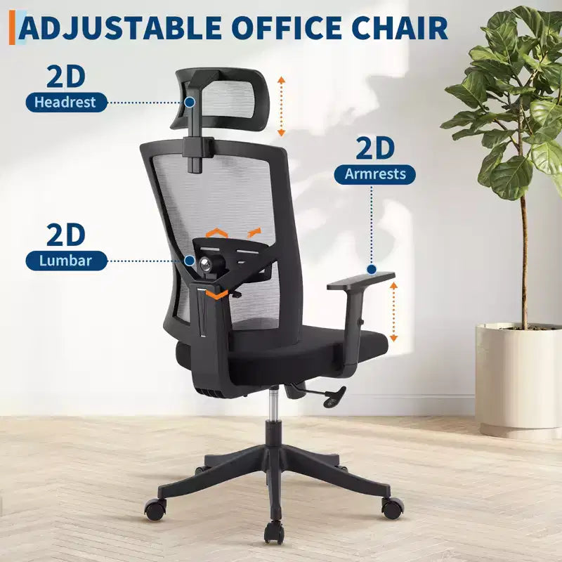 Chaise de bureau ergonomique à dossier haut, support lombaire et appui-tête réglables, chaise pivotante avec accoudoirs relevables, chaise de bureau en maille réglable en hauteur et inclinable