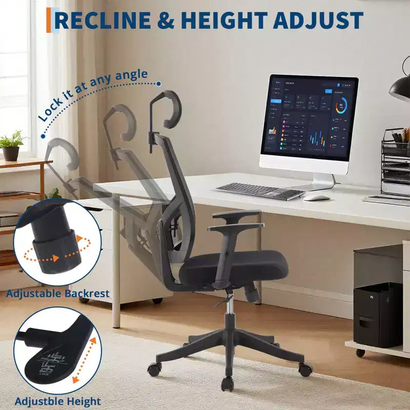 Chaise de bureau ergonomique à dossier haut, support lombaire et appui-tête réglables, chaise pivotante avec accoudoirs relevables, chaise de bureau en maille réglable en hauteur et inclinable
