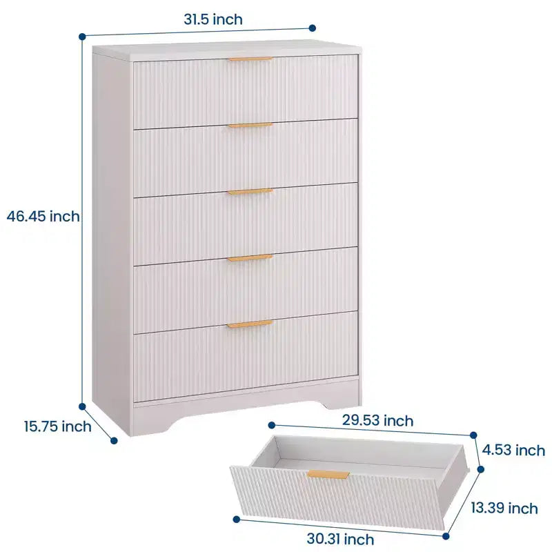 Commode cannelée à 5 tiroirs - Commode moderne de 119 cm de hauteur avec poignées en métal doré