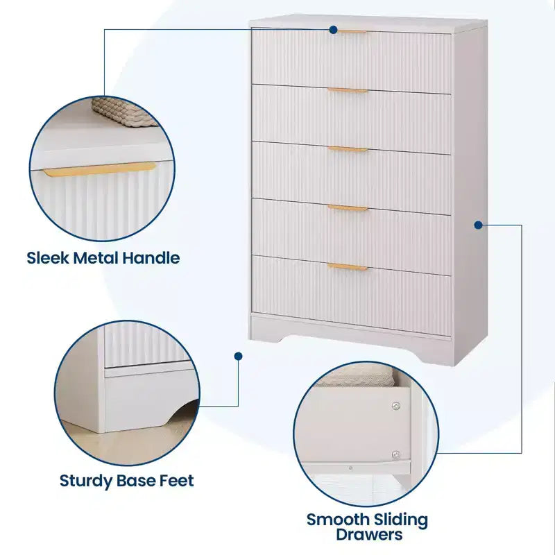 Commode cannelée à 5 tiroirs - Commode moderne de 119 cm de hauteur avec poignées en métal doré