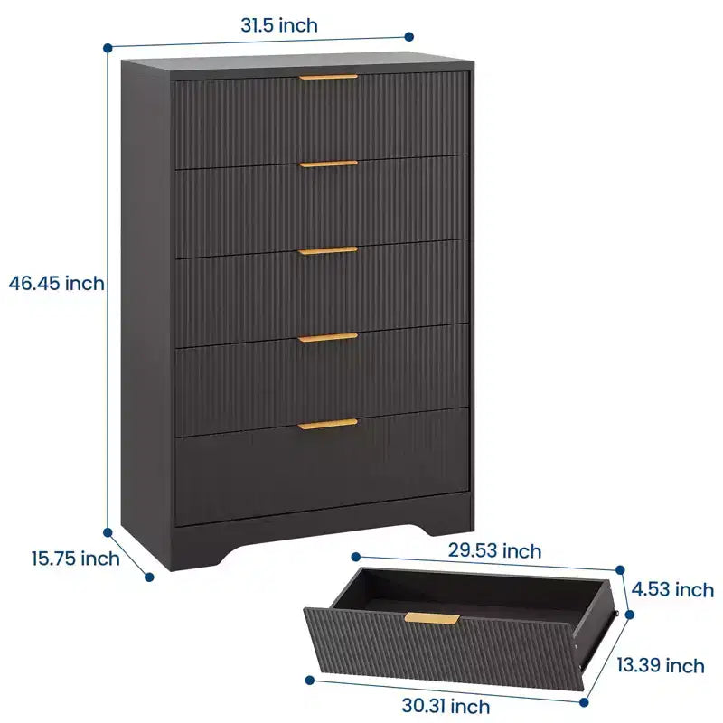 Commode cannelée à 5 tiroirs - Commode moderne de 119 cm de hauteur avec poignées en métal doré