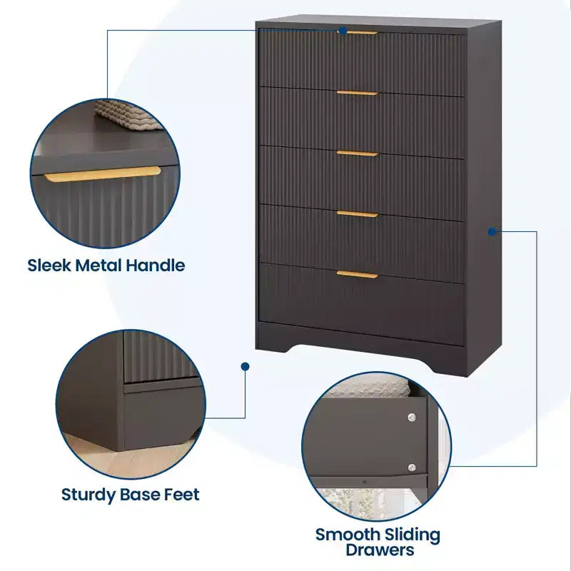 Commode cannelée à 5 tiroirs - Commode moderne de 119 cm de hauteur avec poignées en métal doré