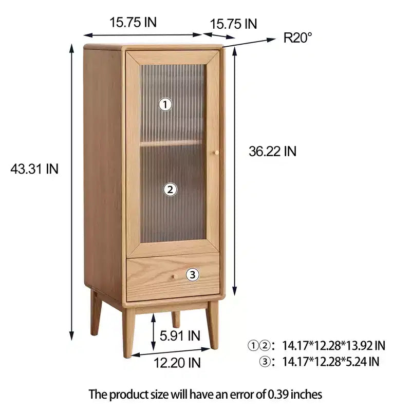 Meuble de rangement moderne en bois de chêne avec porte vitrée et poignée en laiton