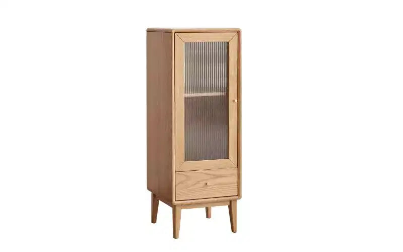 Meuble de rangement moderne en bois de chêne avec porte vitrée et poignée en laiton