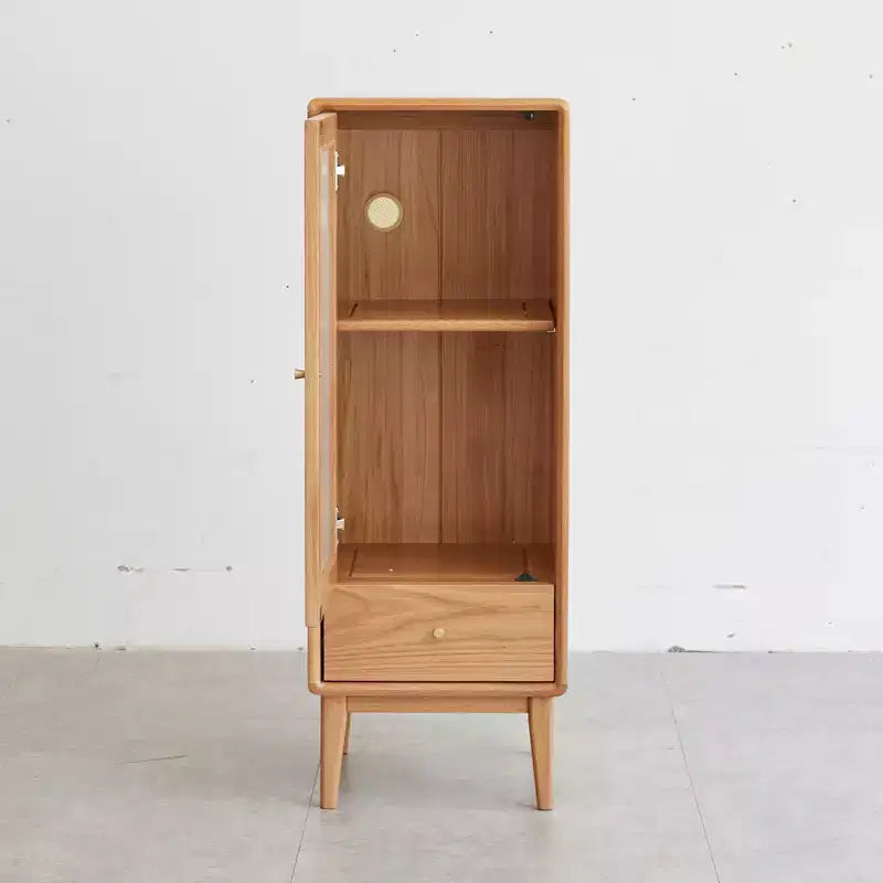 Meuble de rangement moderne en bois de chêne avec porte vitrée et poignée en laiton