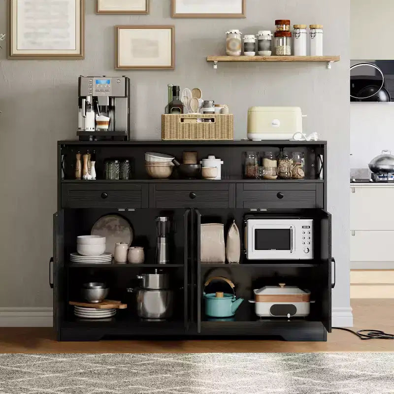 Meuble Buffet avec Tiroirs, Étagères et Station de Recharge