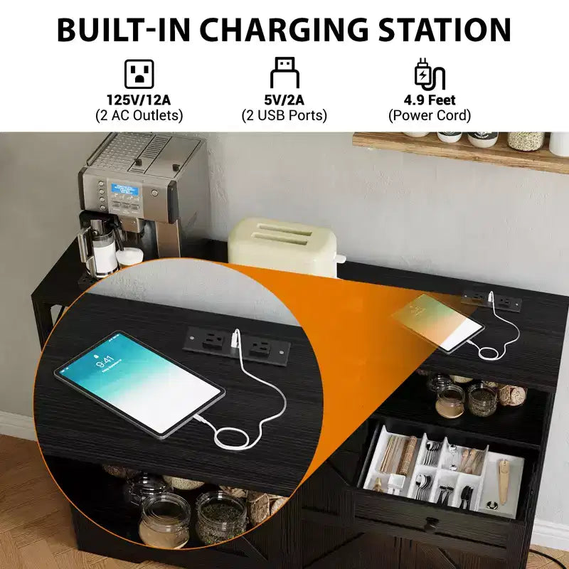 Meuble Buffet avec Tiroirs, Étagères et Station de Recharge