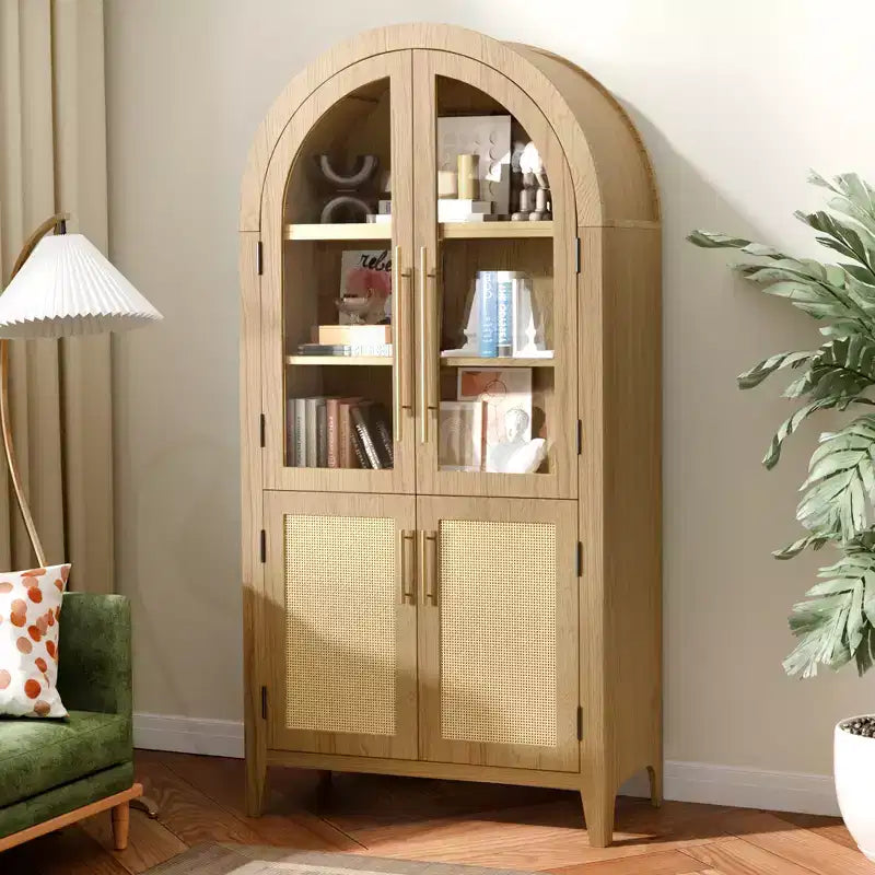 Armoire de rangement haute arquée de 160 cm avec portes en verre et rotin - Bois naturel