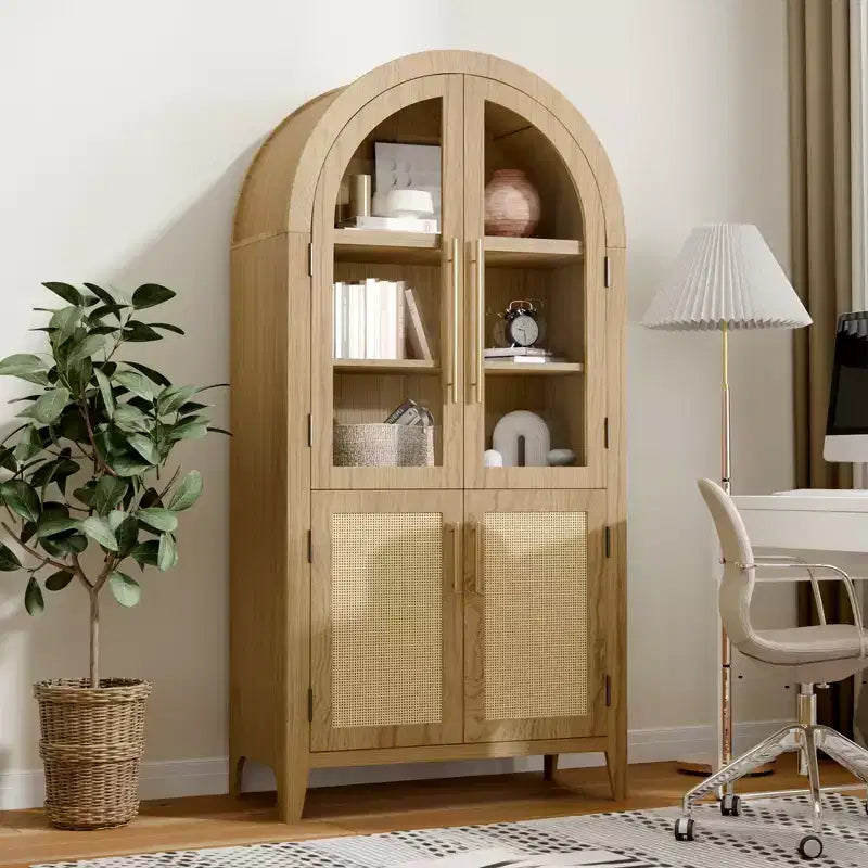 Armoire de rangement haute arquée de 160 cm avec portes en verre et rotin - Bois naturel